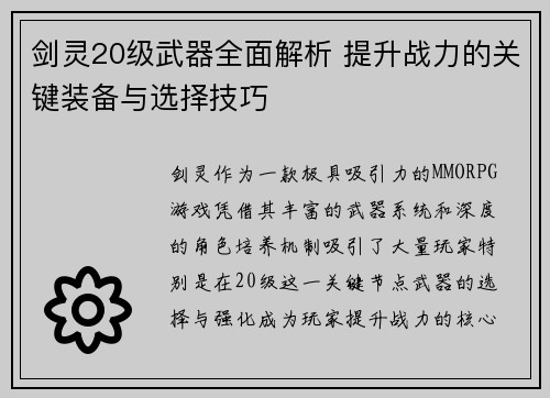 剑灵20级武器全面解析 提升战力的关键装备与选择技巧